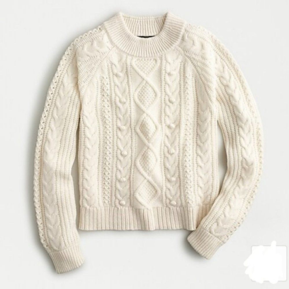 New J. Crew Pom Pom Cable Knit Sweater Sz XXS Soft Cream - Picture 4 of 11